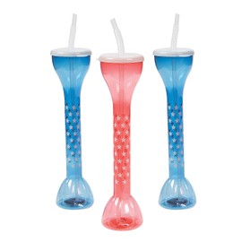 Fun Express Patriotic USA Yard Glasses Set of 6 Reusable Cups with Lids and Straws - 20 oz BPA Free Plastic Tumblers for 4th of July Party Favors | Red Blue American Flag Cups for Pool Party Supplies