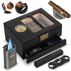 Cigar Humidor, Glass Top Cedar Wood Cedar Humidor Box, Cigar Case for 20-35 Cigars with Hygrometer, Cigar Lighter and Cigar V-Cutter, Desktop Humidor, Gift for Humidor Cigar Box for Men (Black)