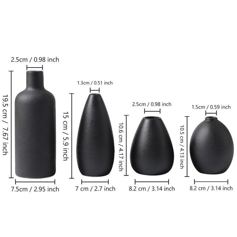 CEMABT Black Ceramic Vase Set - 4 Small Unique Vases
