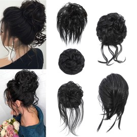 Fulang Hair 5 Pieces Black Messy Hair Scrunchies Bun Updo Hairpiece Elastic Hair Bun Piece for Women Curly Wavy Piece for Women Messy Hair Bun Donut Accessories Scrunchies