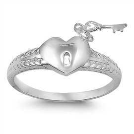 Heart Lock and Key Purity Promise Ring New .925 Sterling Silver Band Size 8