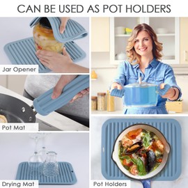 Large Silicone Trivet for Hot Dishes, 4PCS Silicone Hot Pads Trivets Mat for Hot Pots and Pans, Heat Resistant Silicone Hot Mats, Pot Holders, Blue Tables Mats for Countertop, Jar Opener, Drying Mat