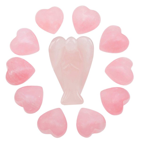 mookaitedecor Rose Quartz Crystal Guardian Angel Ornament & Puffy Heart Healing Crystals Love Stone,Palm Worry Stones