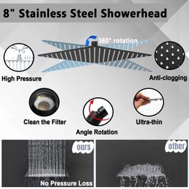 Rain Shower Head Combo Set with Handheld Sprayer, Waterfall Showerhead with 79" Stainless Steel Hose, 3 Way Diverter Valve and Adhesive Shower Head Holder (Matte Black with filters, 8 Inch)