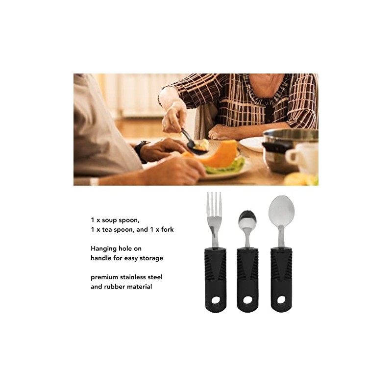 3Pcs Black Disability Aids Cutlery Sets, Extra Wide Handles Easy