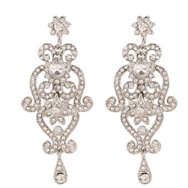 Touchstone Indian Bollywood Traditional Royal Look Fine Filigree Carving Faux Emerald Ruby Crystals Grand Bridal Designer Jewelry Long Chandelier Earrings In Antique whiteTone For Women., No Gemstone