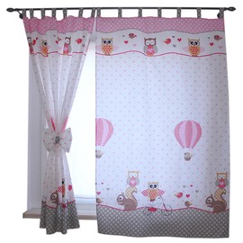 TupTam Children's Room Tab Top Curtains with Tiebacks, Owls 2 Pink, ca. 155x95 cm