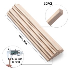 Square Wooden Dowel Rods Wood Square Dowels for Crafting, 30 PCS 8 x 300 mm Small Unfinished Wood Craft Sticks Hardwood Sticks Wooden Strips for Arts and DIYers, Miniature Buildings, Woodworking