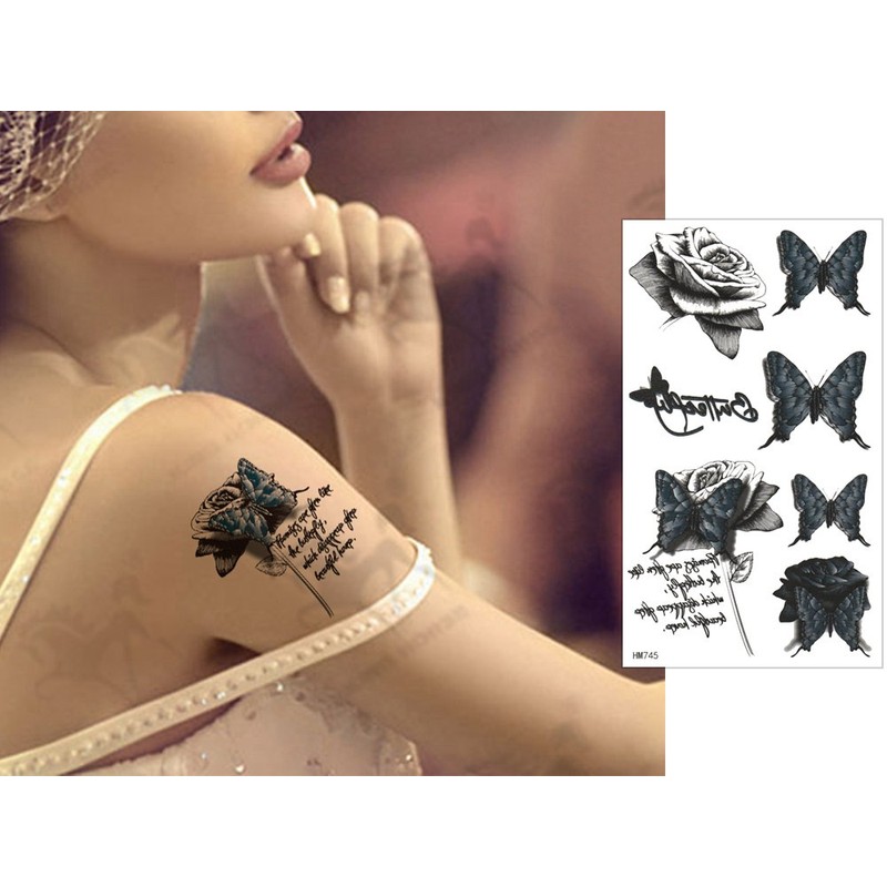 KING HORSE Tattoo Stickers, Butterfly, Rose, Rose & Butterfly, 1