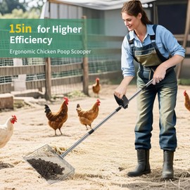 15-inch Large Chicken Poop Scooper with Ergonomic Grip, 24 to 64'' Long Adjustable Chicken Coop Scoop, 4 in 1 Multifunctional Sifting Shovel for Chicken Coop/Goat Stall/Stable Cleaning
