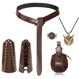 Hifot 5pcs Medieval Clothing Women Men Belt Bag Medieval Belt Accessories Set Bracers Double Sword Necklace Silver Ring Viking Jewellery for Renaissance Knight Rider Decoration Pirates