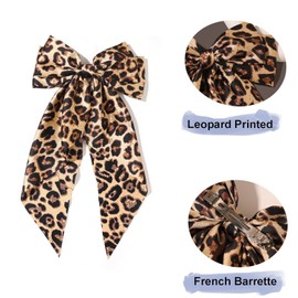 Leopard Print Long Tail Hair Bow Clips - 2Pcs Handmade Ribbon Satin Oversized Bow Metal Barrettes Ponytail Ribbons Butterfly Accessories for Women and Girls (Leopard Print-White/Yellow)