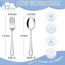 E-far 12-Piece Toddler Silverware, Stainless Steel Kids Utensils Forks and Spoons, Children Safe Metal Cutlery Set for Self Feeding, Mirror Polished & Dishwasher Safe, 6 Forks & 6 Spoons