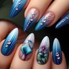 Blue Press on Nails Medium Almond Shaped Flower Pattern Design