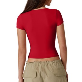 QINSEN Women's V Neck Short Sleeve T Shirts Double Lined Tee Seamed Cup Going Out Tops Red XL