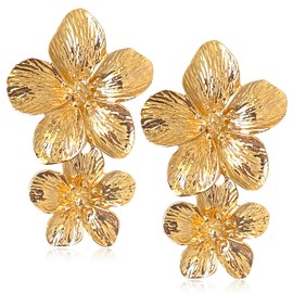 GPASTG Elegant Bohemian Large Metal Double Flower Matt Earring Chic Statement Dangle Drop Wedding Earrings For Women Cute Statement Jewelry Gifts (Gold)