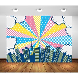 Loccor 5x4ft Fabric Super City Backdrop Cartoon City Skyline Comic Clouds Background Boom City Buildings Background for Superhero Theme Party Decorations Photo Studio Props