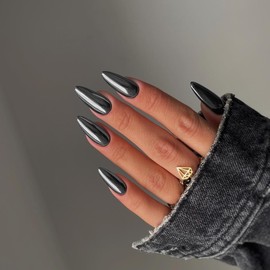 Smoky Grey Chrome Press on Nails Medium Almond, KQueenest Mirror Metal Stiletto Fake Acrylic Nails with Bling Design, Black Glue on Nails for Daily Party Wear, False Nails Press ons in 24 PCS