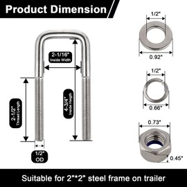 4 Sets 304 Stainless Steel Square U-Bolt Kits, Heavy Duty U-Bolt with Nuts,Flat and Lock Washers for Boat Trailers,Automobiles Trailers,Ski Boats,and Sailboat Trailers (1/2" D x 2-1/16" W x 4-3/4" L)