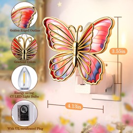 Hohean Butterfly Night Light, LED Butterfly Night Light Plug into Wall, Manual On/Off Switch, Colorful Monarch with Gold Trim Decorative, Energy-Saving, 360° Swivel Plug, Girl Bedroom Bathroom Hallway