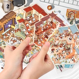 4 Sets Panda Theme 3D Sticker Scene 3D Miniature Scene Stickers with Tweezers Make Your Own House Scenes Cute Panda DIY Stickers
