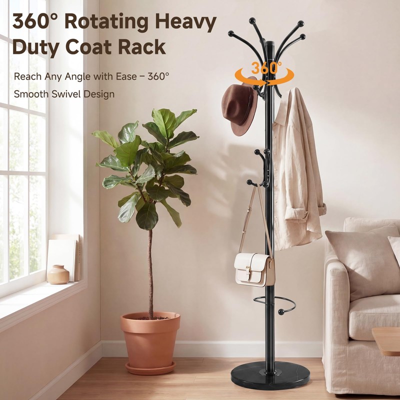 DongRong Marble Base Coat Rack Freestanding, 360° Rotary 16 Hooks