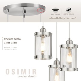 Osimir 3-Light Pendant Lighting, Brushed Nickel Dining Room Chandelier Light Fixture Over Table with Clear Glass, Modern Cluster Hanging Lights for Kitchen Island Sink, OS-3014-3BN
