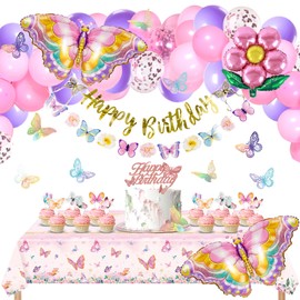 Homarkable Butterfly Birthday Decoration, Pink Butterfly Party Decorations with Butterfly Balloons, Happy Birthday Banner, Butterfly 3D Stickers, Tablecloth, Birthday Decorations for Girls