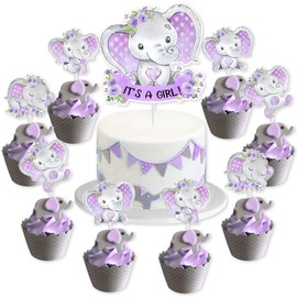 JOYMEMO - 25 piezas de elefante para baby shower, decoración para tartas de bebé, color morado – Es una niña, decoración para tartas de baby shower con decoración de cupcakes, doble cara para embarazo, celebración de recién nacidos, suministros para fies