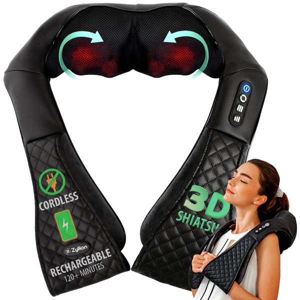 Zyllion Shiatsu Neck and Back Massager - Rechargeable 3D Kneading Deep Tissue Massage with Heat for Shoulders, Legs, Feet and Muscle Pain Relief (Cordless) - Black (ZMA-28RB-BK)