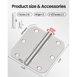 AmzGod Door Hinges Brushed Nickel - 3 Pack 3.5 Inch Rounded with 5/8" Radius Satin Nickel Door Hinges for Interior and Exterior Doors - Heavy Duty 3 1/2" Silver Residential Door Hardware