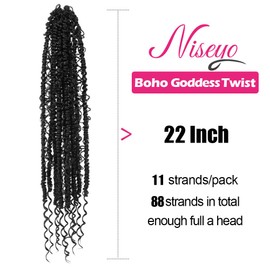 NISEYO Goddess Passion Twist Crochet Hair with Curly Ends 22 Inch, 8 Packs Boho Style Crochet Passion Twist Hair Pre looped, Long Pre-twisted Boho Braids (1#,Jet Black)