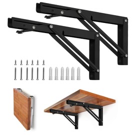 Folding Shelf Brackets - Heavy Duty Metal Collapsible Shelf Bracket for Bench Table, Shelf Hinge Wall Mounted Space Saving DIY Bracket, Max Load: 150 lb 2 PCS (14 Inch, Black)