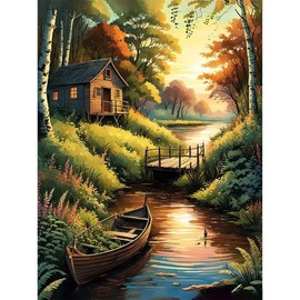 Qianbaiuk Landscape Painting by Numbers Adults, Hut by the Lake, Paint by Numbers Adults, DIY Acrylic Pigment, for Art Home Decor (12 x 16 Inches)