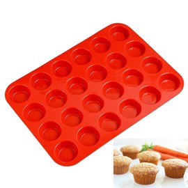 Premium Silicone Mini Muffin & Cupcake Baking Pan Large Non Stick 24 Cup Cookies Molds Bakeware Tin Soap Tray Mould by Meiso (Set of 2) (Red)
