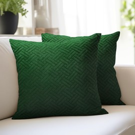Encasa Cushion Covers 50x50 cm Set of 2 | Solid Color Quilted Velvet Sofa Cushion Covers | only Covers No Insert | Both Side Quilted Fabric | Forest Green | Decorative Pillow Covers For Home
