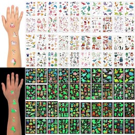 40 Hojas Tatuajes Temporales Niños y Niñas, 450 Diseños Luminosos que Brillan en la Oscuridad, Tatuajes Falsos para Fiestas Infantiles, Regalos Cumpleaños, Decoración Piñata (Dinosaurios, Sirenas, Animales, Espacio)