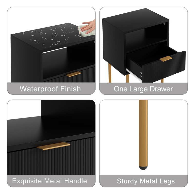 AEPOALUA Nightstand,Morden Bedside Table with Gold Frame,Small Black Night Stand,End