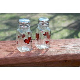 Red Hearts Hand Painted Glass Salt and Pepper Shakers Set