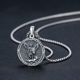 YEESIA Religious Necklace St Michael Necklace 925 Sterling Silver Round Saint Archangel Michael Medal Medal Protection Jewellery Gifts Amulet Necklace, Sterling Silver, St.