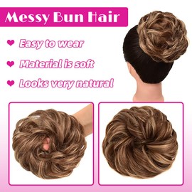 Curly Wavy Messy Bun Hair Pieces, Synthetic Wavy Extension Ponytail with Elastic Rubber Band Hairpiece Updo Extensions Ponytail Chignon Hair for Women(Light Brown Mix Natural Blonde 12H24)