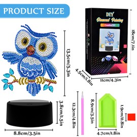 Diamond Painting, 5D Diamond Painting for Children, LED Creative Diamond Sticker Night Light Decoration Owl, DIY Girls Craft Set, Diamond Painting Birthday Gifts for Girls 6-12 Years
