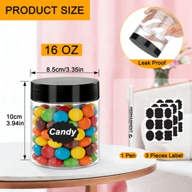 20pcs 16 oz Plastic Jars with Lids, Food Grade Round Plastic Storage Jars with Labels & Marker, Leakproof Storage Containers for Kitchen Spice Organization, Snacks, DIY Craft