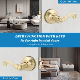 Bonpoly 3 Pack Gold Door Handles, Wave Style Entry Door Handle with Lock and Keys, Front Door Leverset Lockset, Keyed Alike/Combo Keys, Right Handing