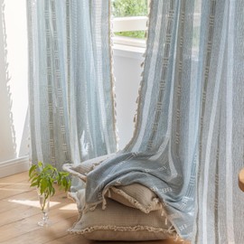 ColorBird Curtains for Bedroom, Grey Blue Linen Darkening Drapes 63 inch Length 2 Panels, Embroiderey Boho Farmhouse Room Divider Curtains for Living Room Dining Nursery Closet