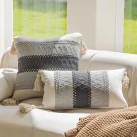 vctops Boho Cotton Linen Decorative Throw Pillow Covers with Tassels 16x24 Inch Soft Farmhouse Neutral Stripe Pillow Covers Accent Macrame Woven Grey Cushion Case for Couch Sofa Car (Type E,16"x24")