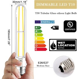 NOVELUX 7.3 Inch E26 Led Bulb 60 Watt Dimmable,6000K Cold White Edison Bulbs,6W Tubular T10 Long Clear Glass Light Bulb for Rustic Pendant,Industrial Pipe,Wall Sconces,Chandeliers(6 Pack)