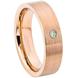 Rose Gold Pipe Cut Tungsten Carbide Unisex Wedding Band with 0.07ctw Solitaire Round Peridot Birthstone Tungsten Ring - 6mm Brushed Comfort Fit Tungsten Anniversary Ring - 1PD