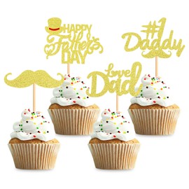 Keaziu Paquete de 36 adornos negros para magdalenas del Día del Padre Nº 1. Púas de barba para cupcakes, decoración de tartas, suministros de fiesta para el Día del Padre, decoración de cupcakes, color dorado