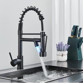 NeierThodore Kitchen Faucet with LED,Stainless Steel Single Handle Single Hole Kitchen Sink Faucet with Pull Down Sprayer,Spring Matte Black Kitchen Faucets